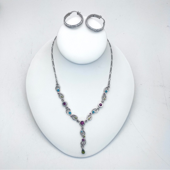 Purple+Blue Crystal Silver Y Floral Necklace & Silver+Rhinestones Hoop Earrings - Picture 3 of 4